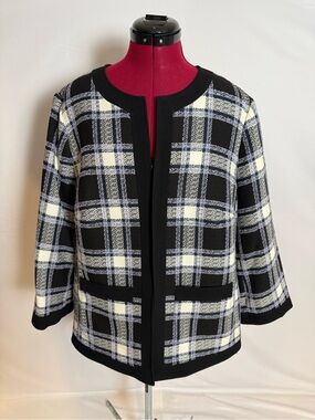 Kasper Open-Front Blazer Size 16W Black & White Plaid Open Front 3/4 Sleeves